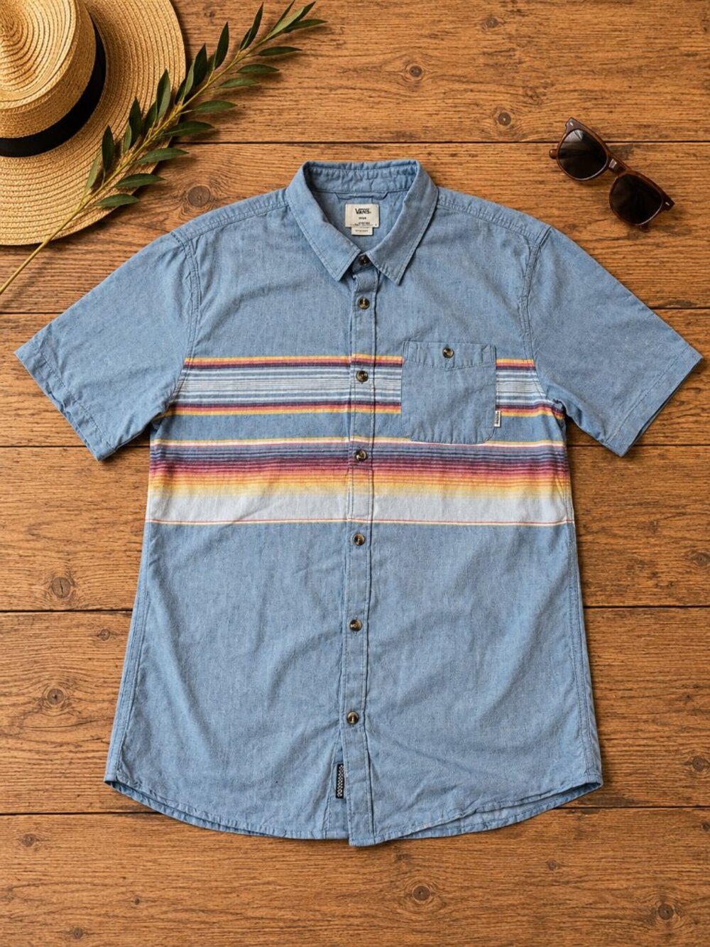 Vans Men's L Short Sleeve Button-Down Woven Striped Shirt, Summer Shirt, Western